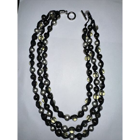Multi Strand Statement Ribbon Necklace with Silver Black Clear Glass Beads 22" - Picture 1 of 14